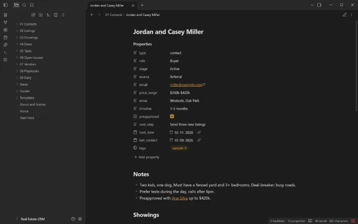 Each client page pulls in their showings, deals and open tasks.