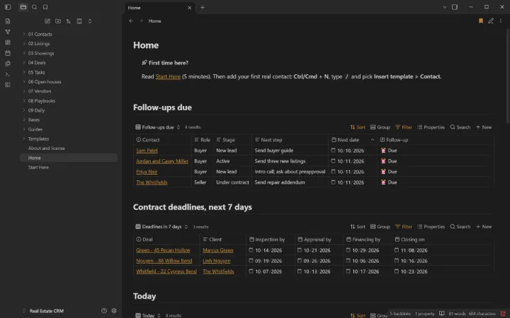 The Home page: follow-ups due, contract deadlines, today’s tasks and showings.