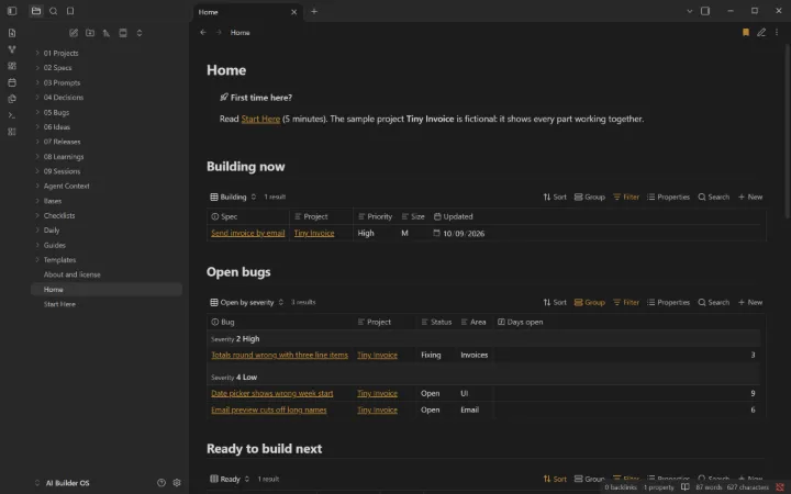AI Builder OS Home page in Obsidian