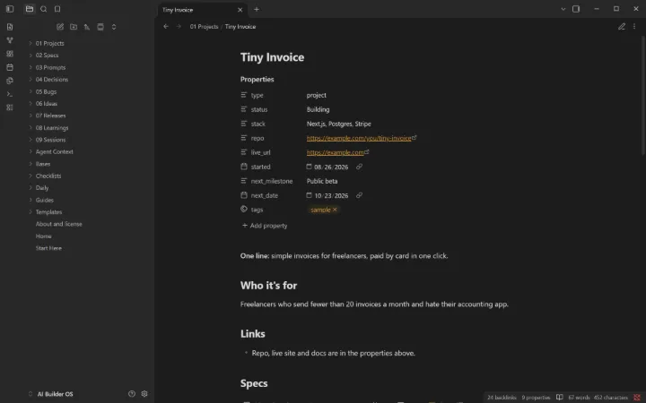 A project page pulls in its specs, bugs, decisions, releases and ideas.