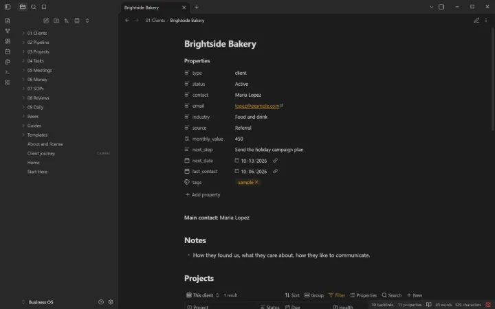Each client page pulls in its projects, deals, tasks, invoices and meetings.