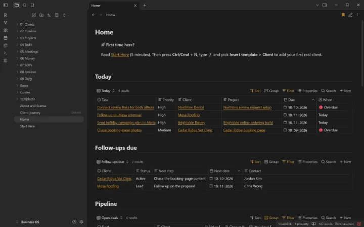 Business OS Home page in Obsidian