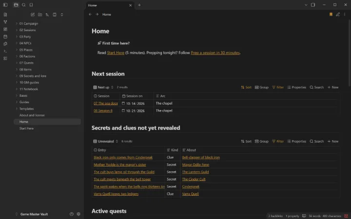Game Master Vault Home page in Obsidian