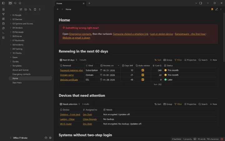 Office IT Binder Home page in Obsidian
