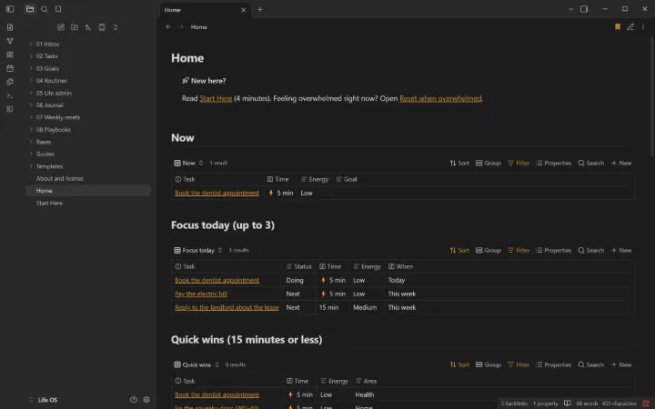 The Today page: now, focus today, quick wins and the inbox.