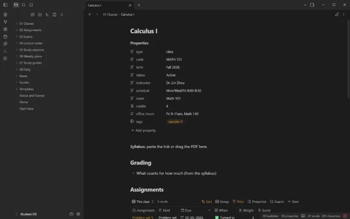 Each class page pulls in its assignments, exams, notes and study time.