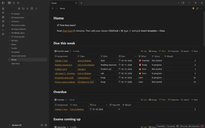 Student OS Home page in Obsidian