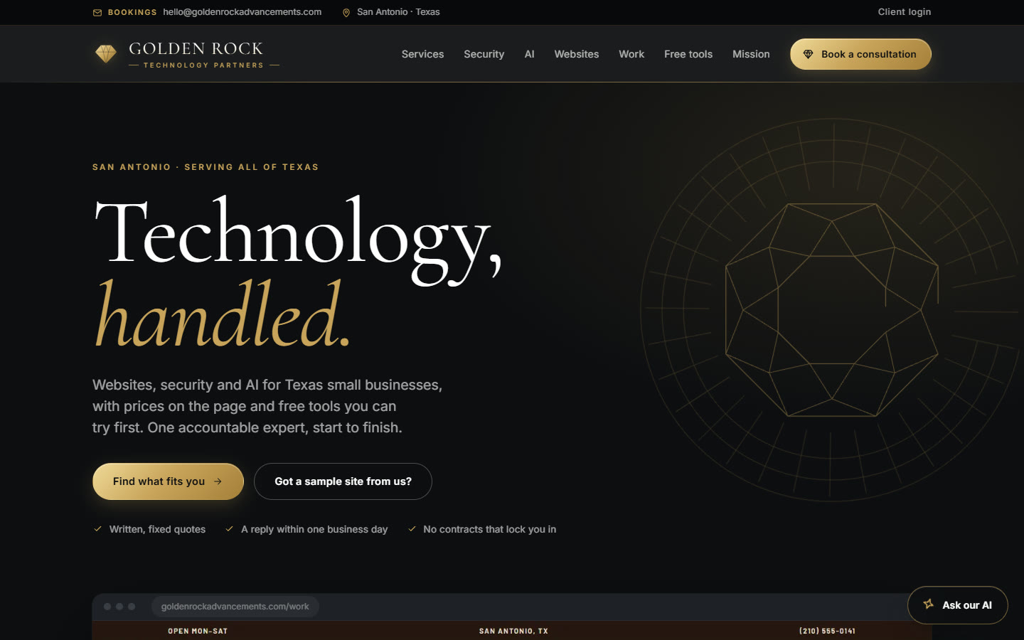 Golden Rock home page before the redesign, with a line drawing of a gem beside the headline
